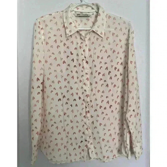 Zara Tops - Zara Shirt Women’s L Blouse  Size Cream Pink Hearts Print Button Up